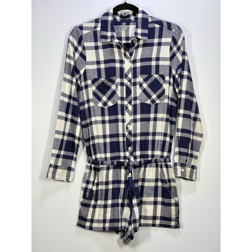 Aerie Plaid Romper Womens Small Blue Flannel Button Up Loungewear Pajamacore